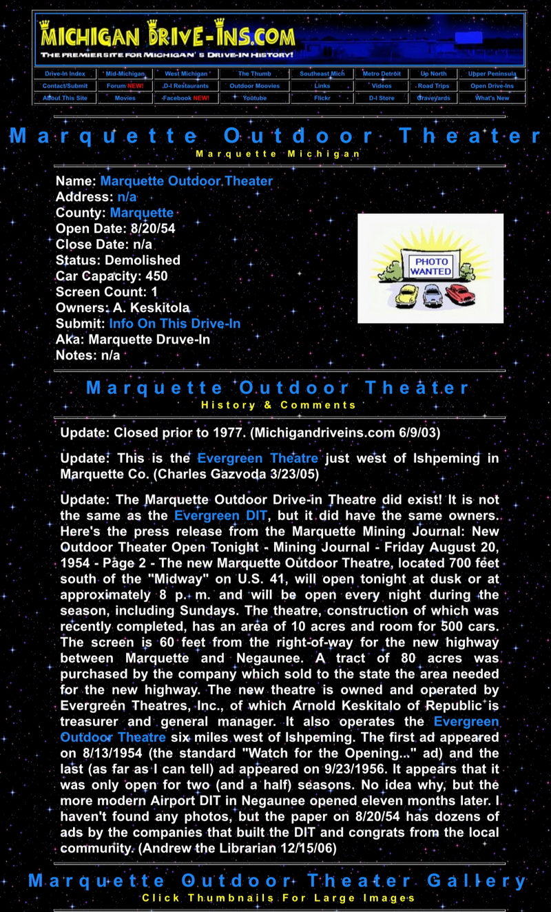 Marquette Outdoor Theatre - Michigan Drive-Ins Entry From Web Archive Dot Org (newer photo)